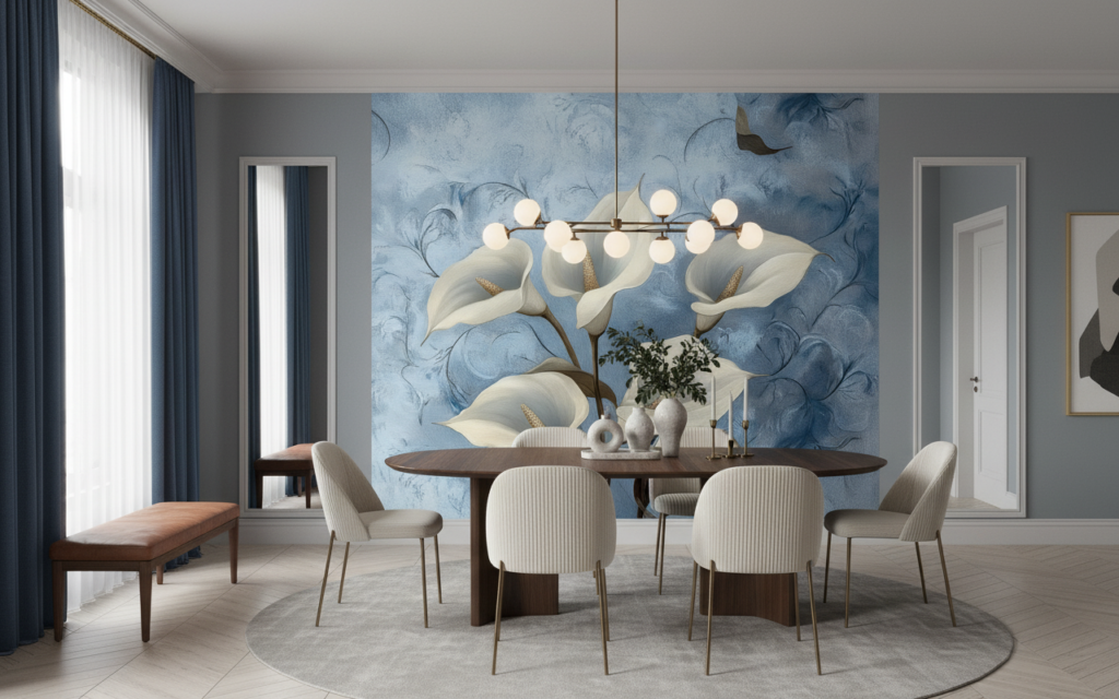 Papier peint floral élégant arums blancs fond bleu délicat - Salle à manger