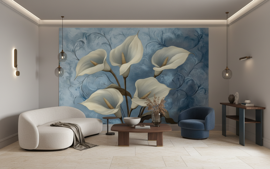 Papier peint floral élégant arums blancs fond bleu délicat - Salon / Séjour