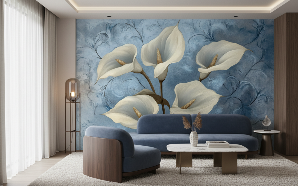 Papier peint floral élégant arums blancs fond bleu délicat - Salon / Séjour