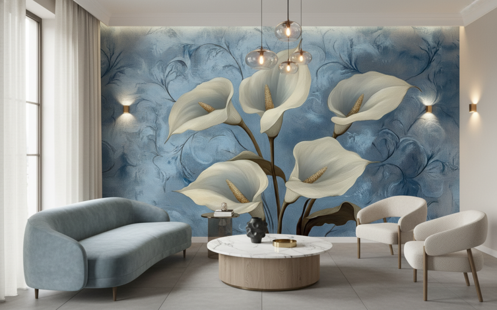 Papier peint floral élégant arums blancs fond bleu délicat - Salon / Séjour