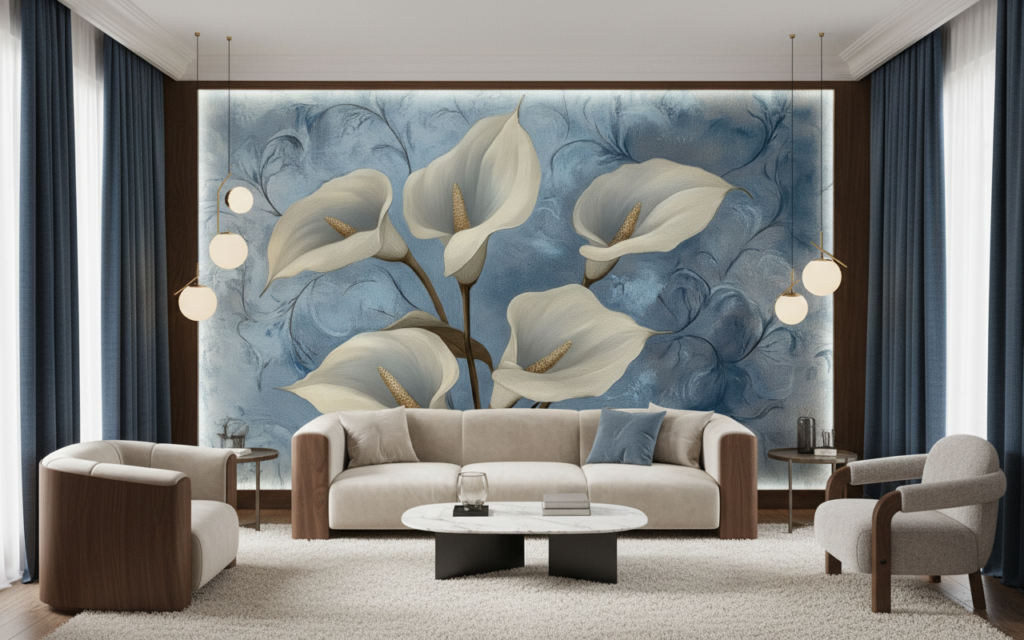 Papier peint floral élégant arums blancs fond bleu délicat - Salon / Séjour