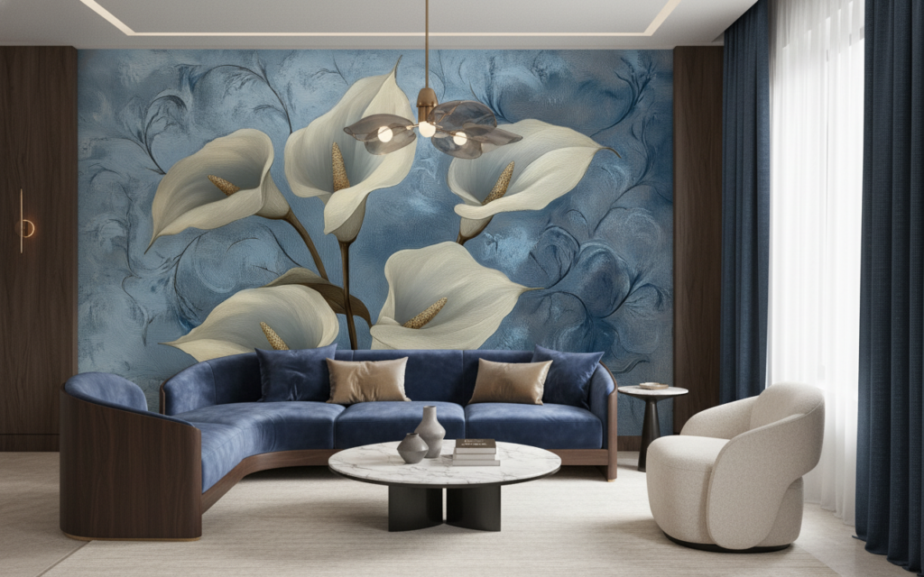 Papier peint floral élégant arums blancs fond bleu délicat - Salon / Séjour