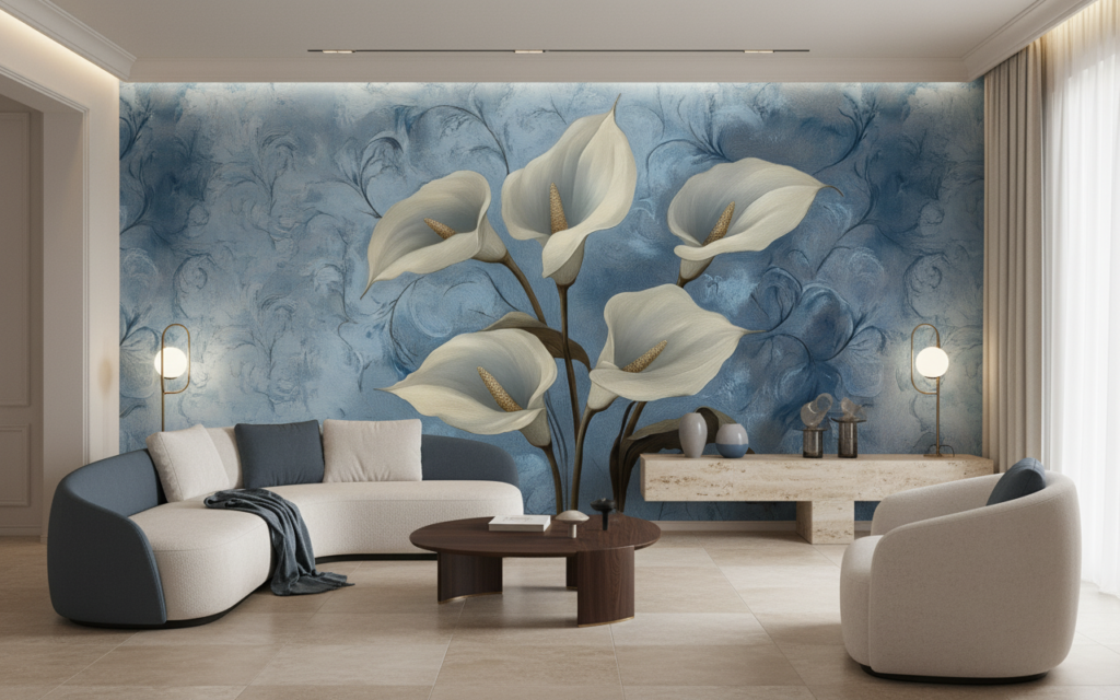 Papier peint floral élégant arums blancs fond bleu délicat - Salon / Séjour