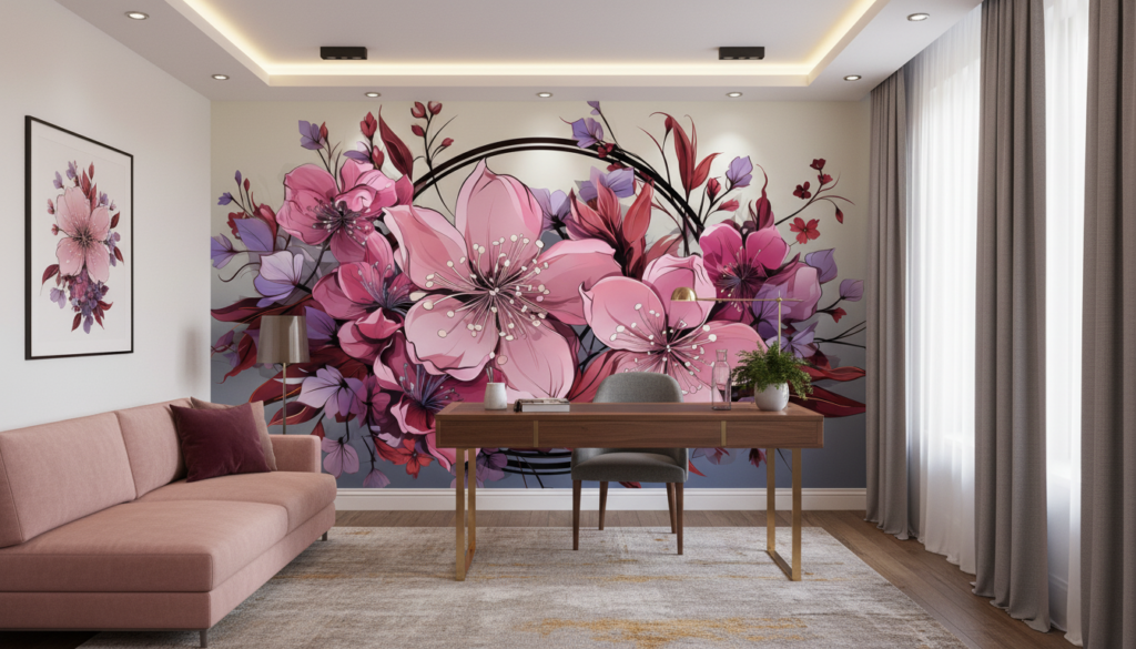 Papier peint floral élégant aux nuances roses et violettes - Bureau