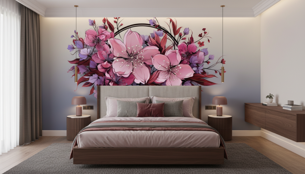 Papier peint floral élégant aux nuances roses et violettes - Chambre adulte