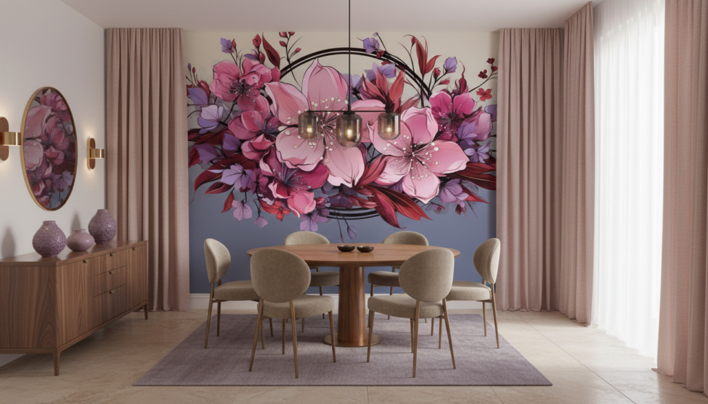 Papier peint floral élégant aux nuances roses et violettes - Salle à manger