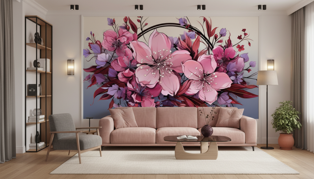 Papier peint floral élégant aux nuances roses et violettes - Salon / Séjour