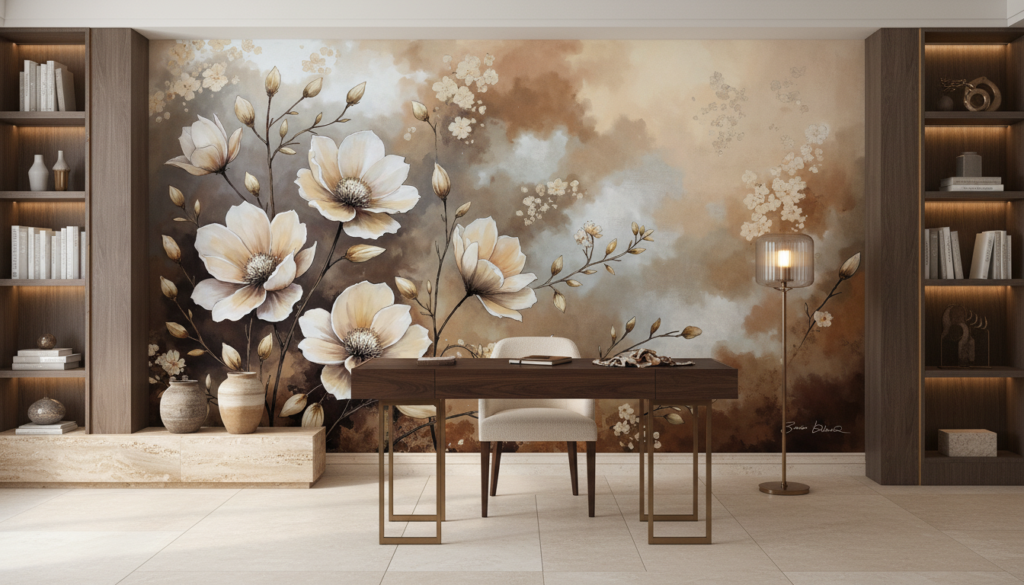 Papier Peint Floral Élégant Magnolias Blancs Fond Nuageux Beige - Bureau