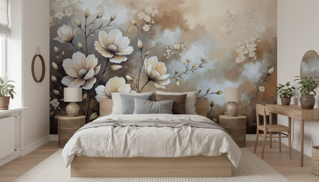 Papier Peint Floral Élégant Magnolias Blancs Fond Nuageux Beige - Chambre ado