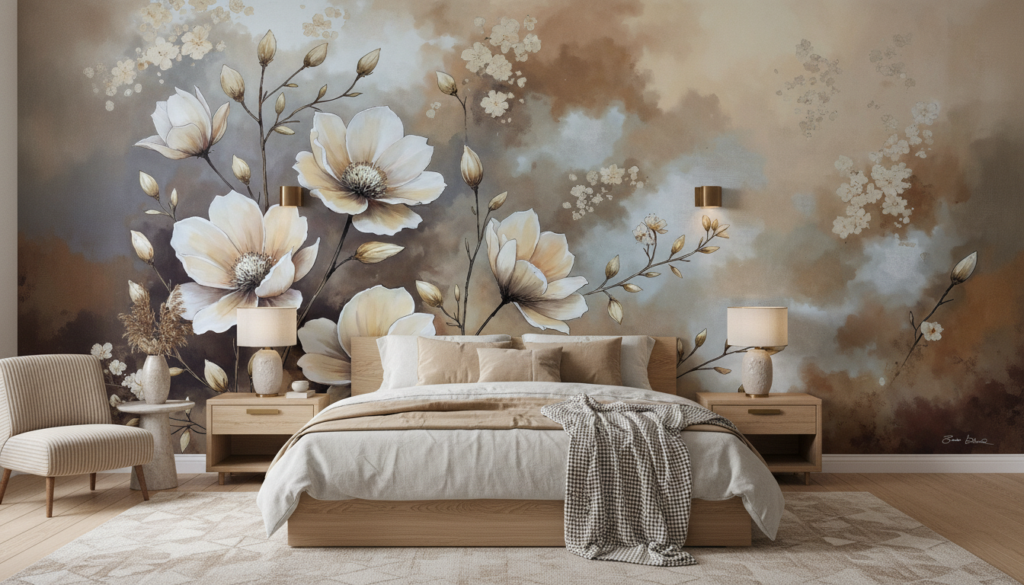 Papier Peint Floral Élégant Magnolias Blancs Fond Nuageux Beige - Chambre adulte