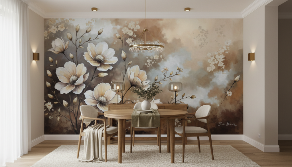 Papier Peint Floral Élégant Magnolias Blancs Fond Nuageux Beige - Salle à manger