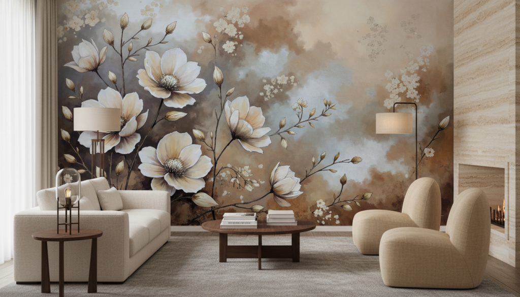 Papier Peint Floral Élégant Magnolias Blancs Fond Nuageux Beige - Salon / Séjour