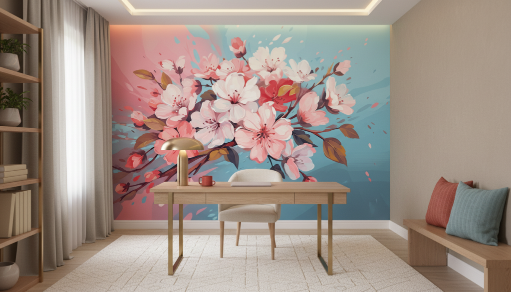 Papier peint floral cerisiers en fleurs rose et bleu - Bureau