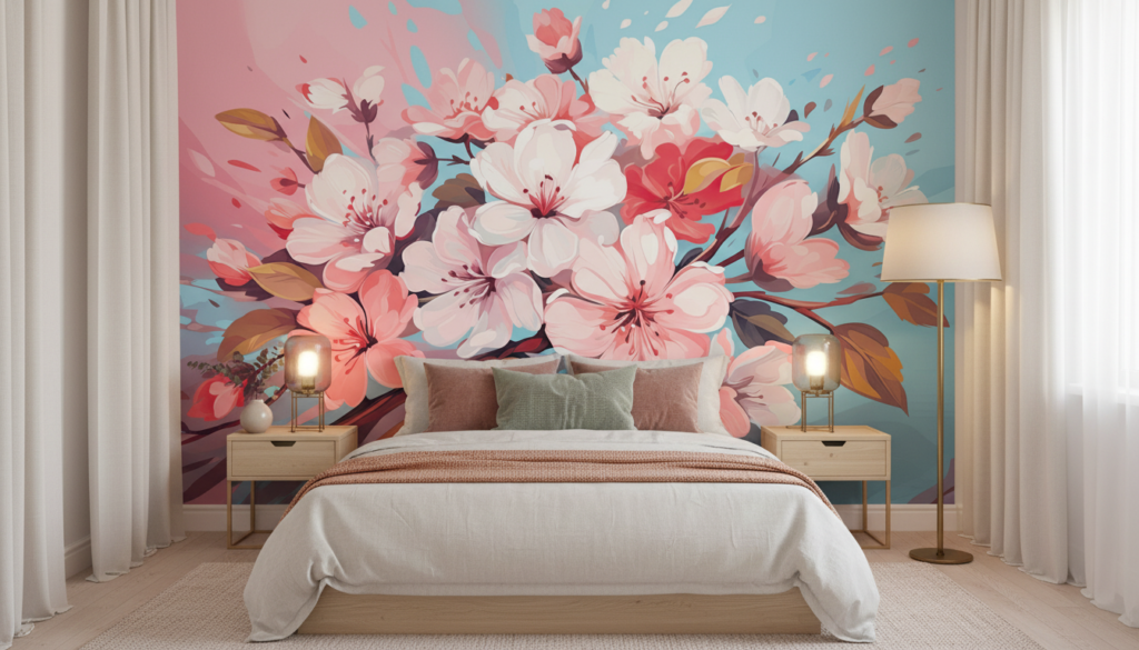 Papier peint floral cerisiers en fleurs rose et bleu - Chambre adulte