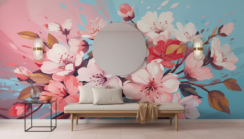 Papier peint floral cerisiers en fleurs rose et bleu - Entrée