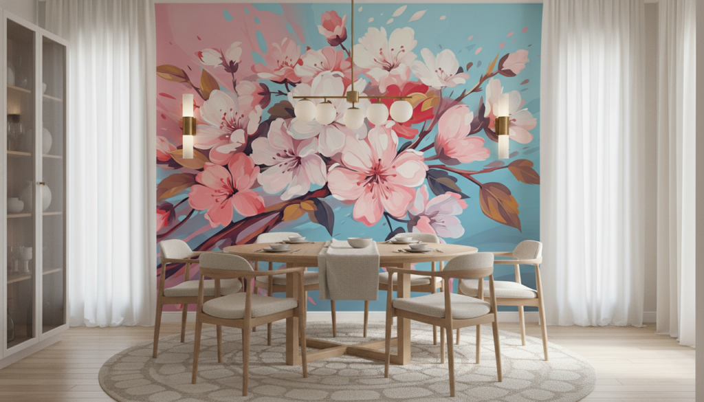 Papier peint floral cerisiers en fleurs rose et bleu - Salle à manger