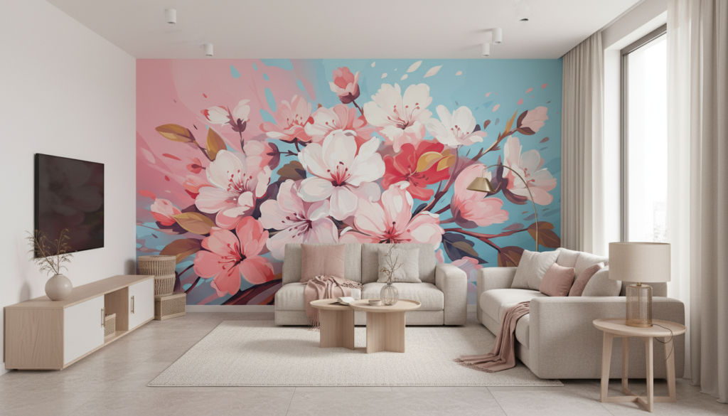 Papier peint floral cerisiers en fleurs rose et bleu - Salon / Séjour