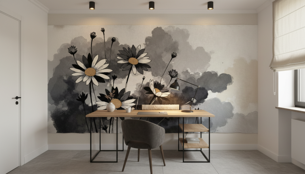 Papier peint floral daisies aquarelle gris blanc style naturel - Bureau