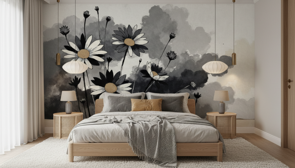 Papier peint floral daisies aquarelle gris blanc style naturel - Chambre adulte