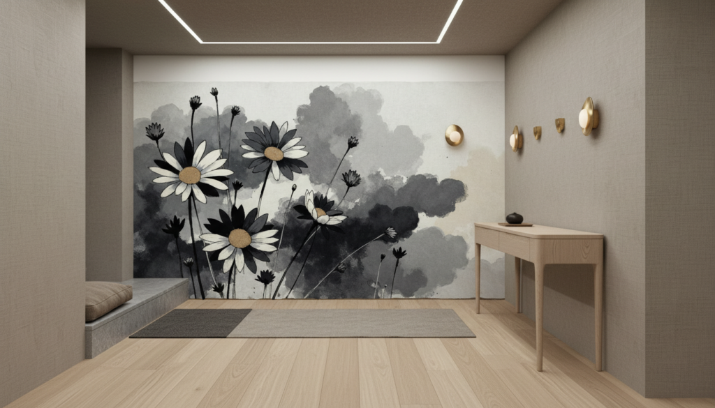 Papier peint floral daisies aquarelle gris blanc style naturel - Couloir