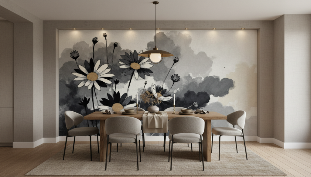 Papier peint floral daisies aquarelle gris blanc style naturel - Salle à manger