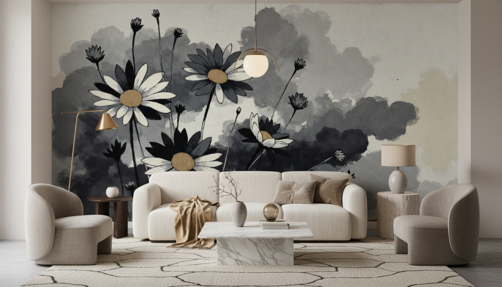 Papier peint floral daisies aquarelle gris blanc style naturel - Salon / Séjour