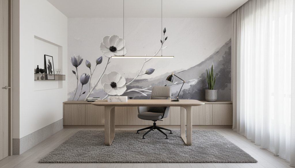 Papier peint floral élégant cosmos blancs sur fond aquarelle gris - Bureau