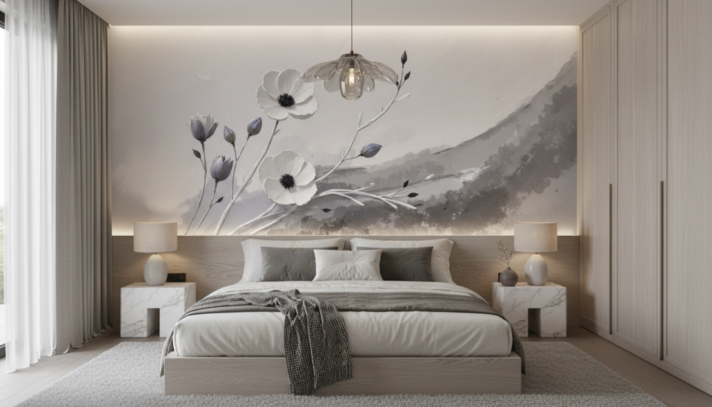 Papier peint floral élégant cosmos blancs sur fond aquarelle gris - Chambre adulte