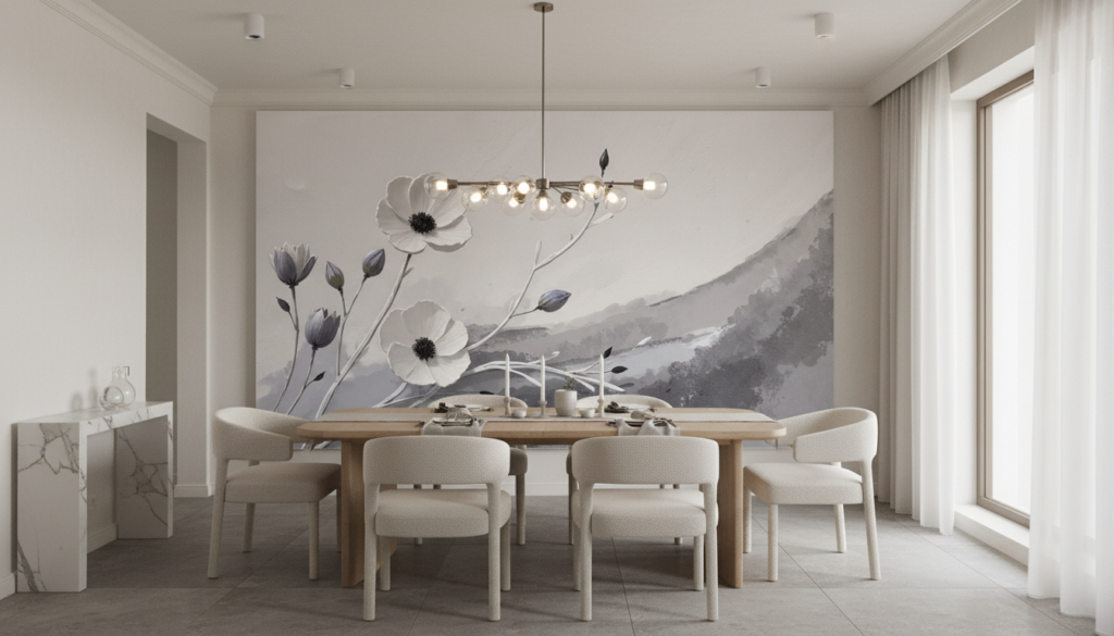 Papier peint floral élégant cosmos blancs sur fond aquarelle gris - Salle à manger