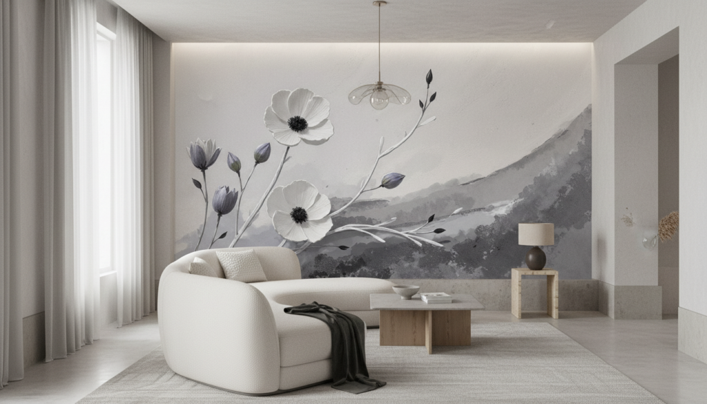 Papier peint floral élégant cosmos blancs sur fond aquarelle gris - Salon / Séjour