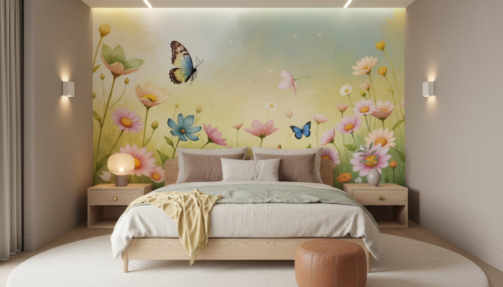 Papier peint floral enchanteur avec papillons et prairie printanière colorée - Chambre adulte