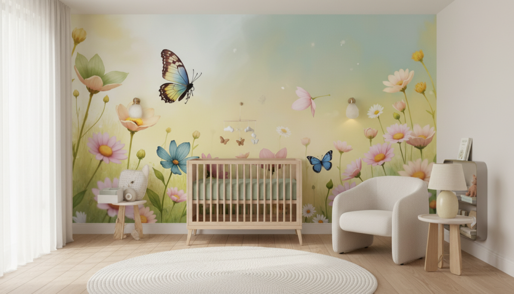 Papier peint floral enchanteur avec papillons et prairie printanière colorée - Chambre bébé