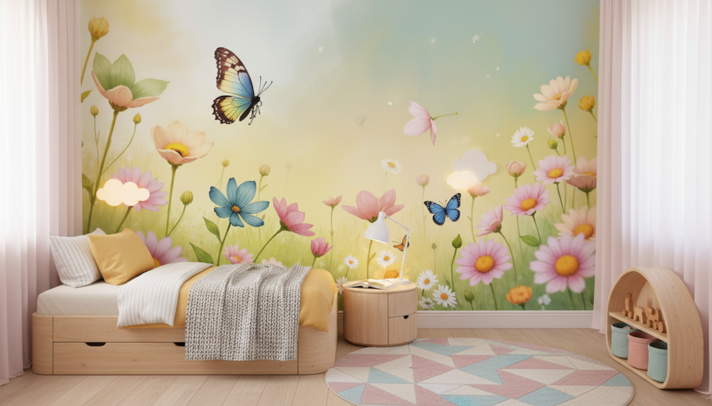 Papier peint floral enchanteur avec papillons et prairie printanière colorée - Chambre enfant