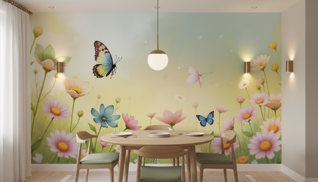 Papier peint floral enchanteur avec papillons et prairie printanière colorée - Salle à manger