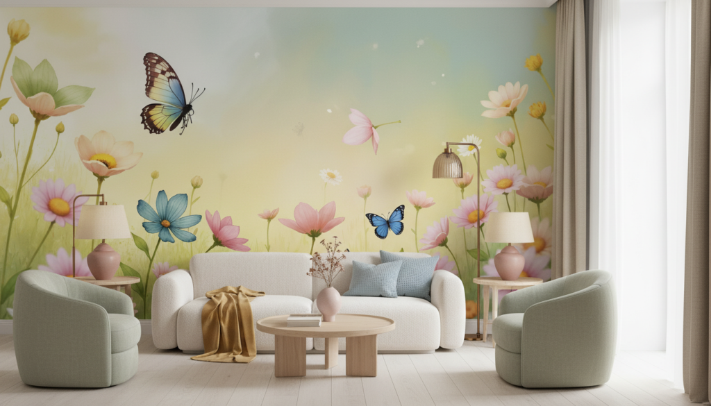 Papier peint floral enchanteur avec papillons et prairie printanière colorée - Salon / Séjour