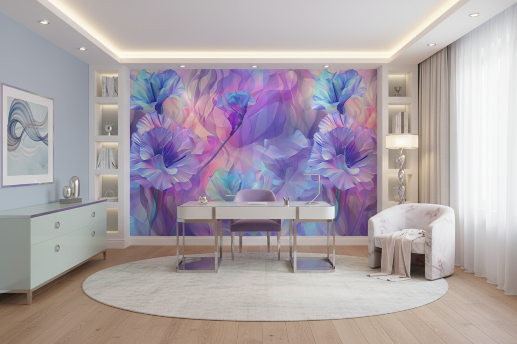 Papier peint floral irisé aux nuances violettes et bleues pastel - Bureau