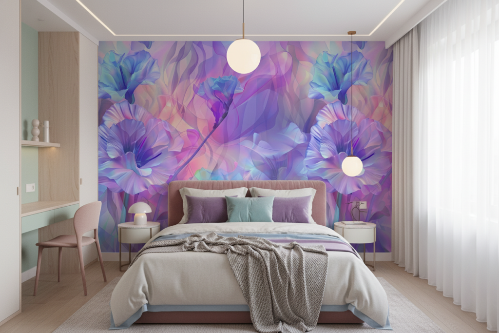 Papier peint floral irisé aux nuances violettes et bleues pastel - Chambre ado