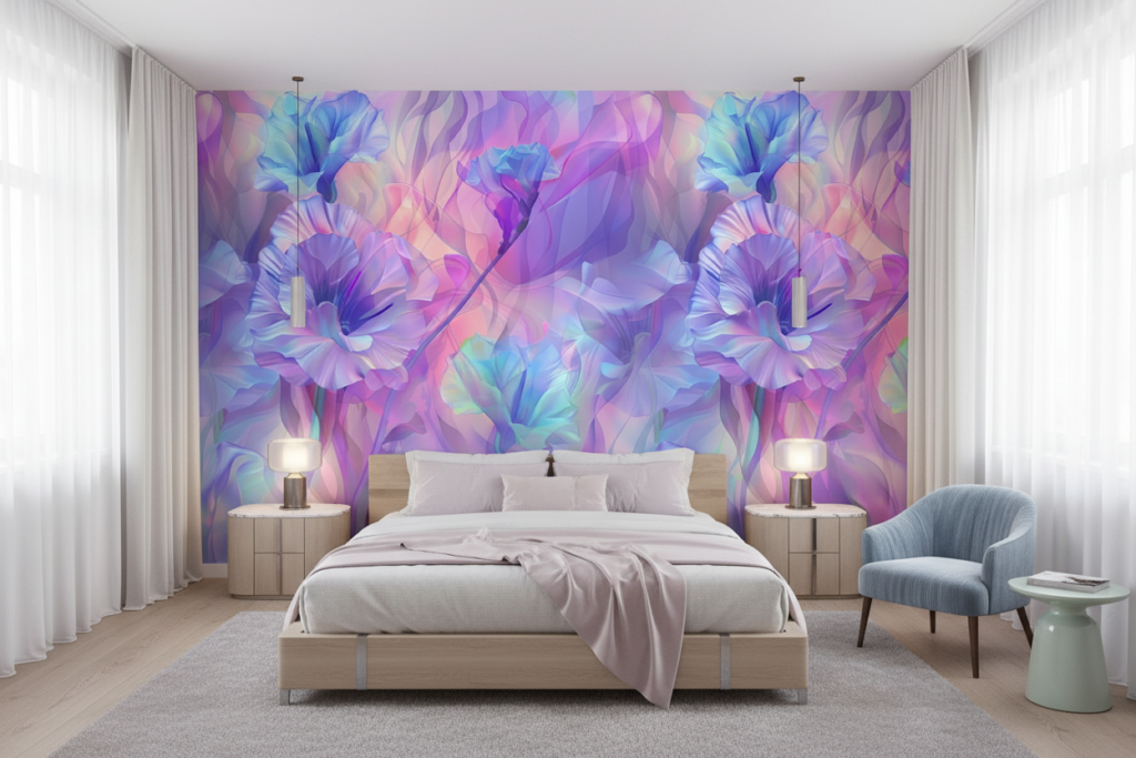 Papier peint floral irisé aux nuances violettes et bleues pastel - Chambre adulte