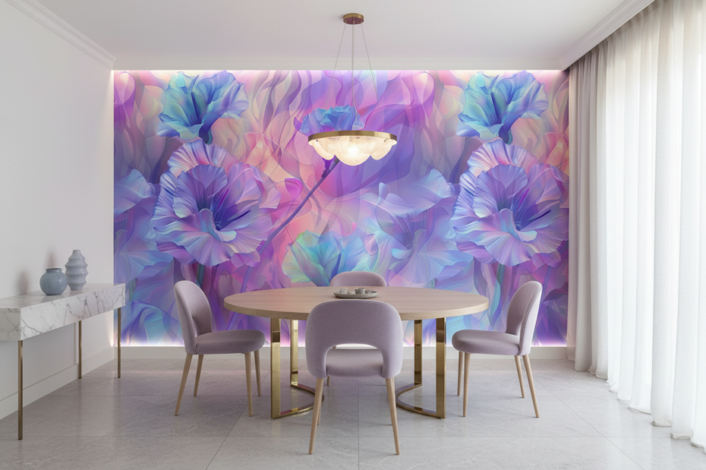 Papier peint floral irisé aux nuances violettes et bleues pastel - Salle à manger
