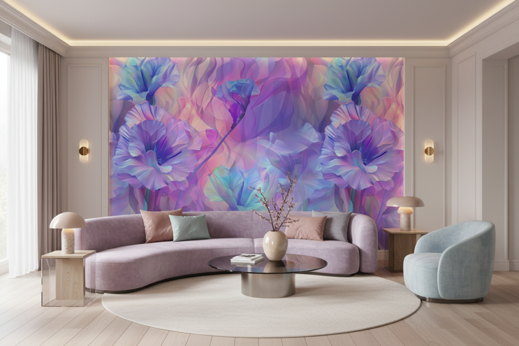 Papier peint floral irisé aux nuances violettes et bleues pastel - Salon / Séjour