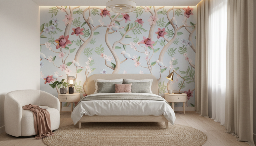 Papier peint floral lianes roses et blanches sur fond gris - Chambre ado