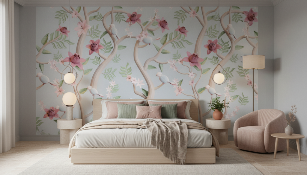 Papier peint floral lianes roses et blanches sur fond gris - Chambre adulte