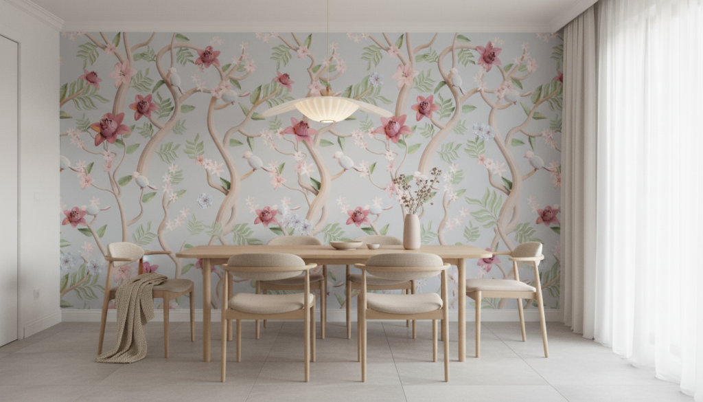 Papier peint floral lianes roses et blanches sur fond gris - Salle à manger