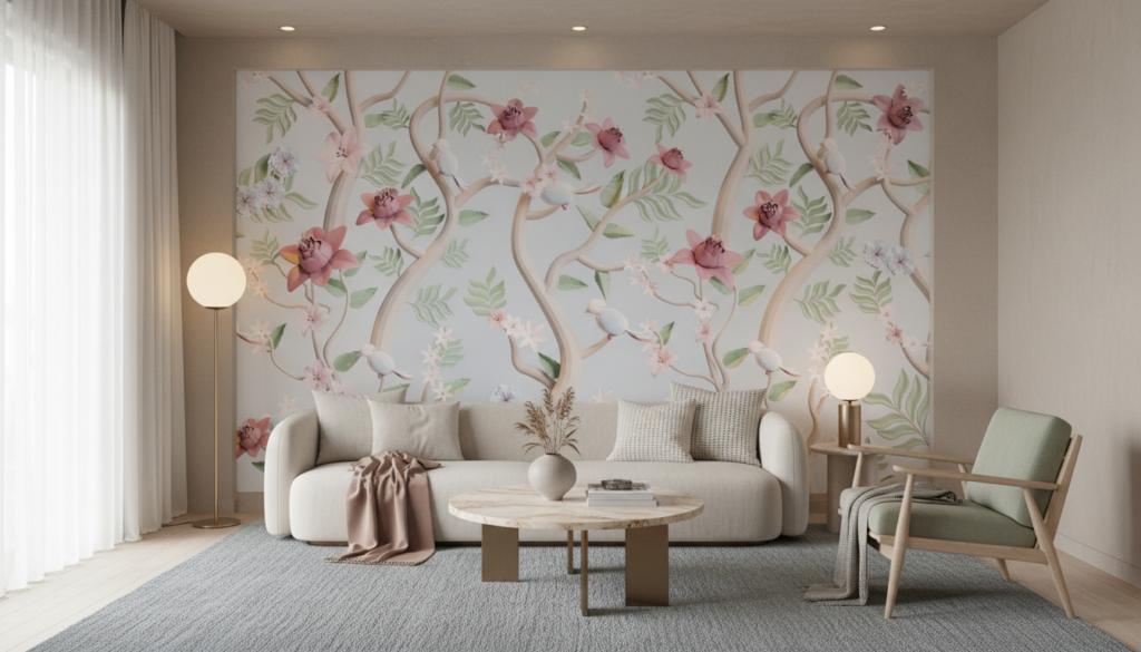 Papier peint floral lianes roses et blanches sur fond gris - Salon / Séjour