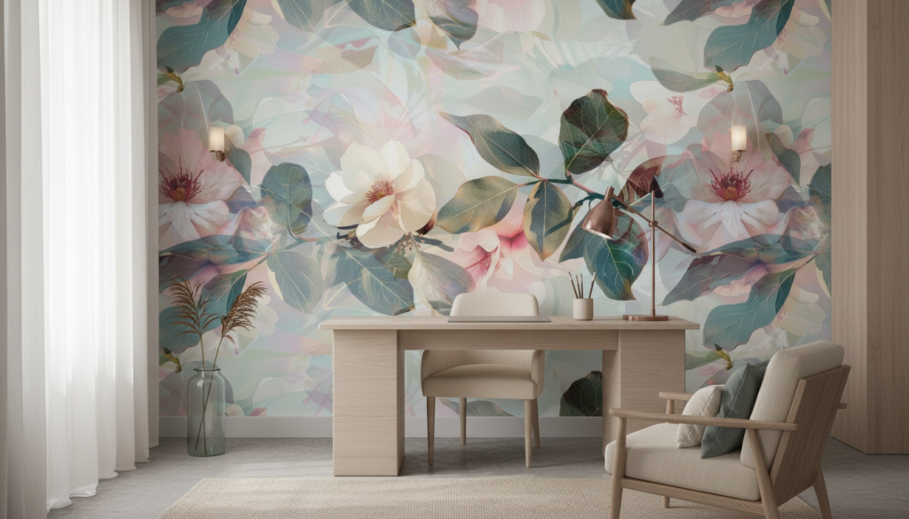 Papier peint floral magnolia pastel effet transparent artistique - Bureau