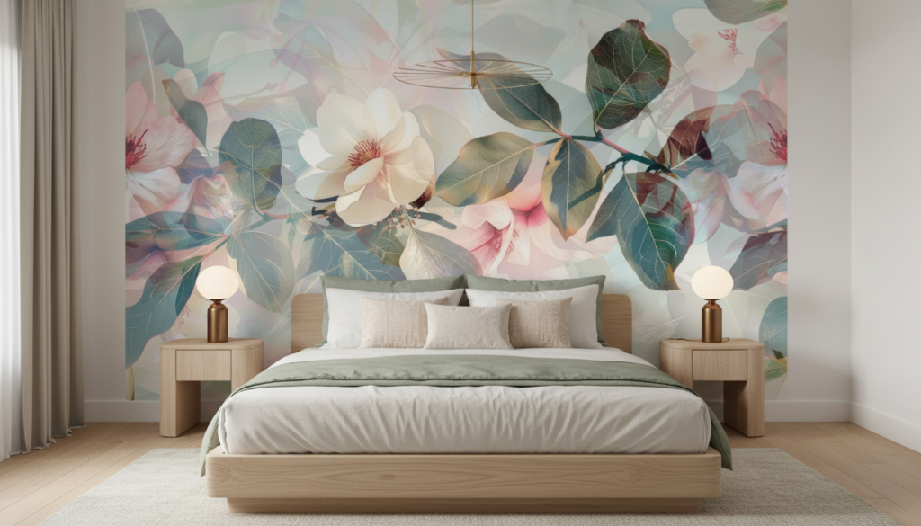 Papier peint floral magnolia pastel effet transparent artistique - Chambre adulte