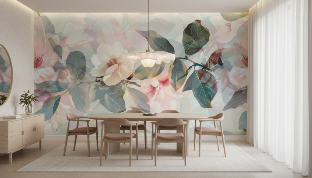Papier peint floral magnolia pastel effet transparent artistique - Salle à manger
