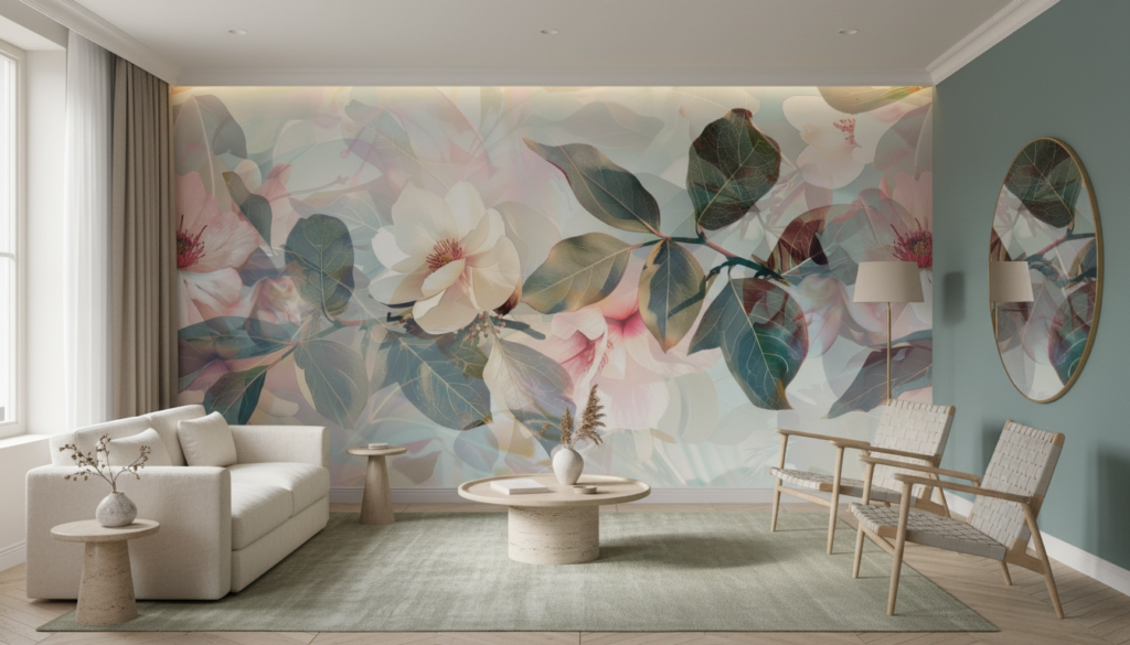Papier peint floral magnolia pastel effet transparent artistique - Salon / Séjour