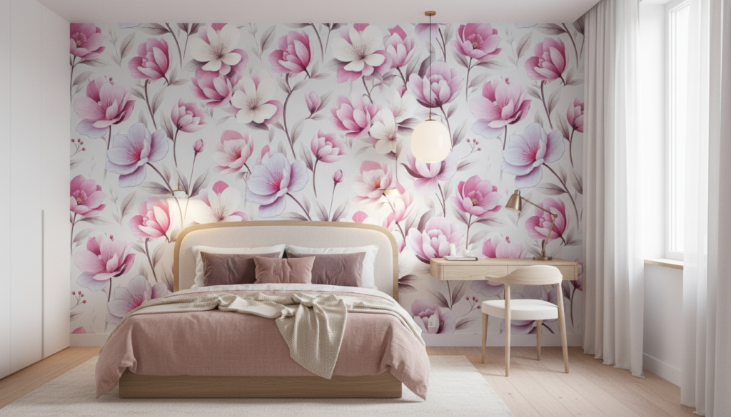Papier peint floral magnolias roses fond blanc délicat romantique - Chambre ado