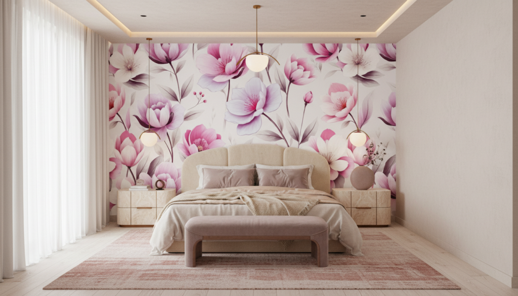 Papier peint floral magnolias roses fond blanc délicat romantique - Chambre adulte
